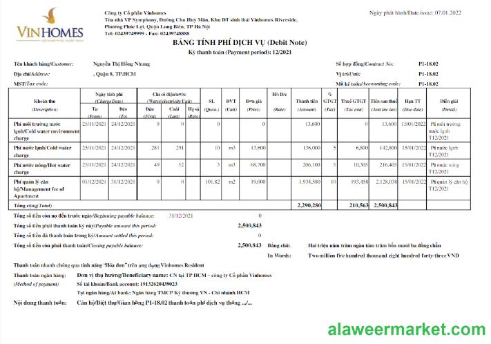 VIETNAM VINHOMES utility bill Word and PDF template